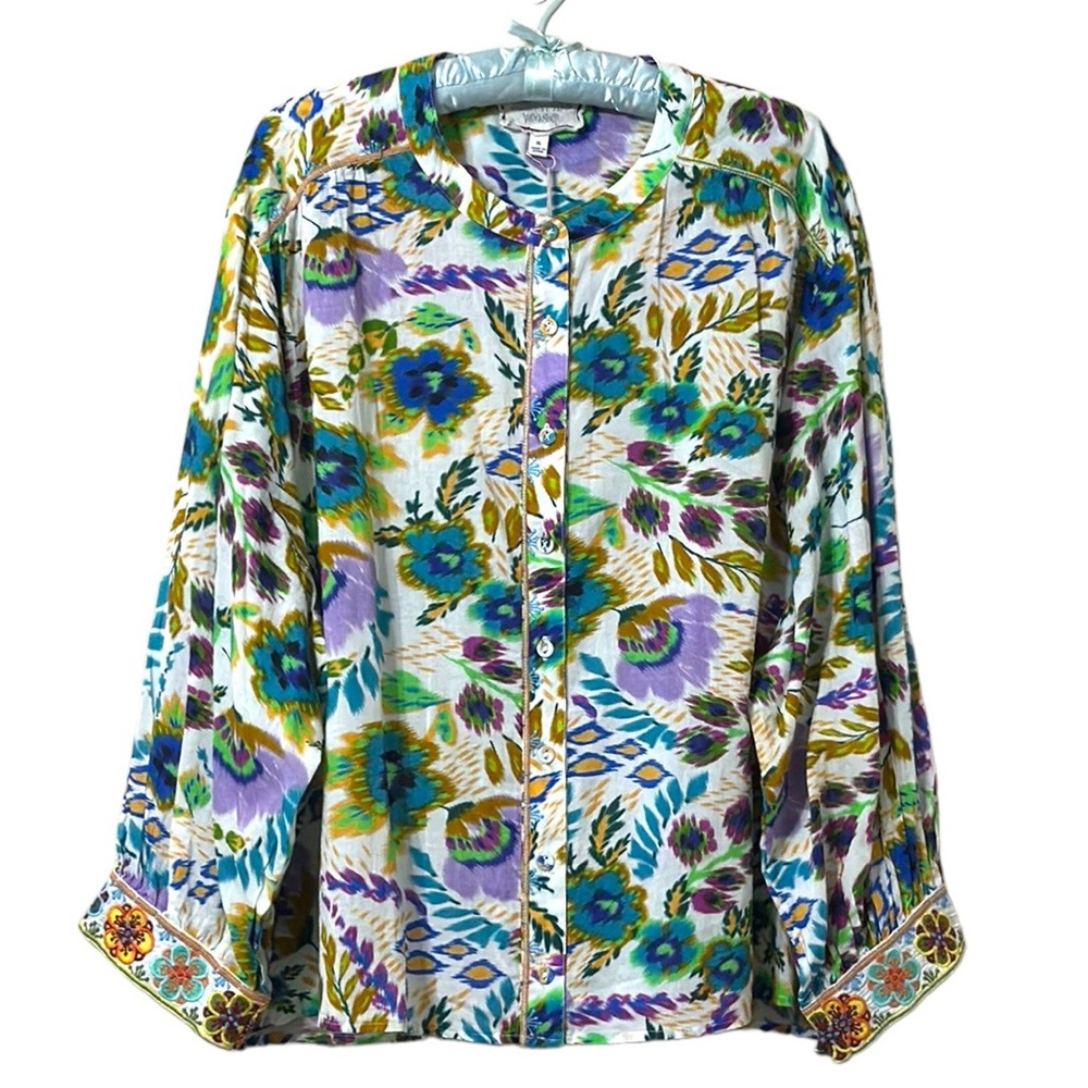 Johnny Was Ikat Bloom Shirred Yoke Blouse Size XL